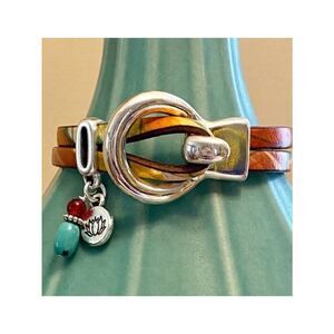 NWT Boho Watercolor Leather Hook Wrap Bracelet Lotus Yoga Charm